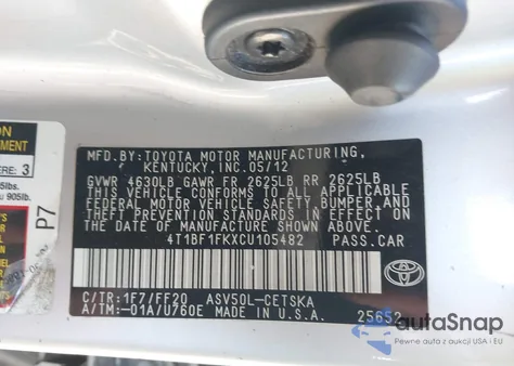 2012 Toyota Camry Se из США, поврежденный, VIN 4T1BF1FKXCU105482